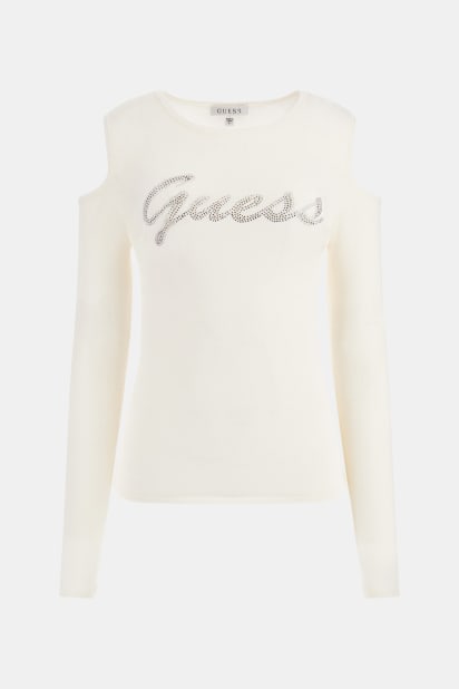 GUESS Maglione Donna Con Strass Logo | White ES26GU32 | Misto Viscosa E Scollo A V