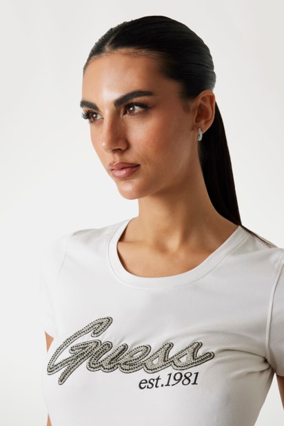 GUESS Maglietta Donna RN S/S Log - T-Shirt A Maniche Corte Con Logo, Vestibilità Regolare, Cotone
