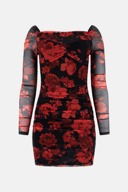 strapless open back dress Jolie Moi Wrap Mesh Midi Dress, Red Floral – Jolie Moi Retail main image 0