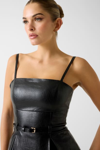 knee length dresses for ladies Guess Women's Janice Faux Leather Mini Dress - Jet Black Multi