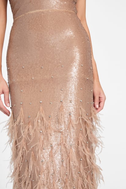 brown feathered dress Off Shoulder Feathers Brown Evening Dress with Cape Sleeves SS707 main image 0