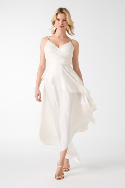 asymmetrical waist dress Long Asymmetrical Neckline Beaded Formal Evening Dress
