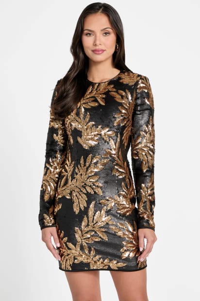 green emerald velvet dress Venus Mockneck Sequin Mini Dress | Black & Gold