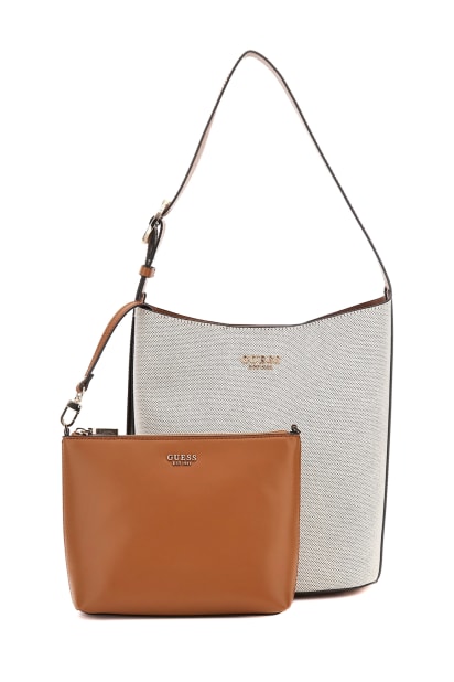 【ナチュラル(NRC)】GUESS ショルダーバッグ (W)NICOLETTE Large Bucket Bag GUESS® Nicolette Canvas Large Bucket Bag
