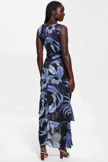 Guess Women's Ava Printed Mesh Ruffled Maxi Dress - Tropic Eclipse Print