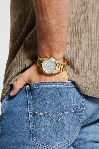 GUESS® Gold-Tone and Textured Blue Multifunction Watch