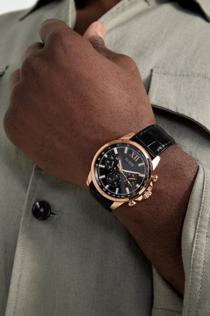 GUESS® Rose Gold-Tone Leather Multifunction Watch