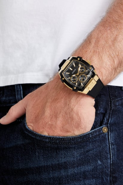 GUESS® Gold-Tone and Black Silicone Multifunction Watch