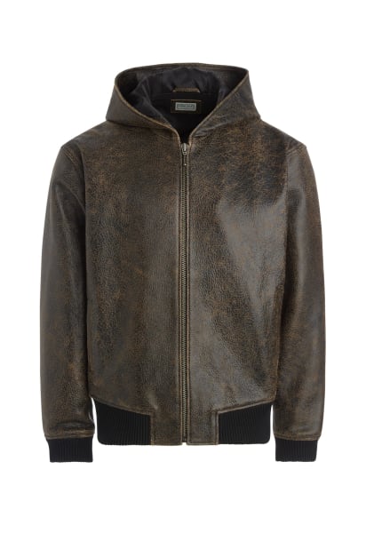 GUESS フライトジャケット ダークブラウン GUESS® crackle leather hoodie