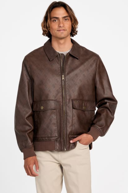 GUESS フライトジャケット ダークブラウン GUESS® Monogram Faux-Leather Aviator Jacket