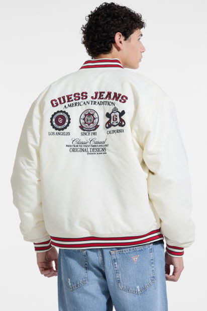 【ホワイト(G054)】GUESS JEANS ジャケット (M)Varsity With Patch GUESS® Embroidered Patch Varsity Jacket