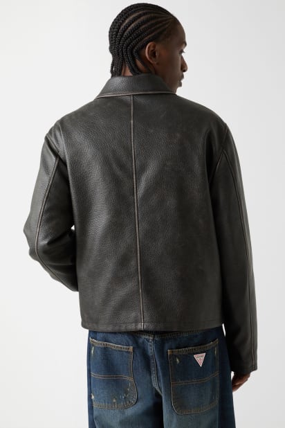 GUESS ブラック レザージャケット GUESS Mens Distressed Leather Zip Jacket, Jet Black Multi, Small