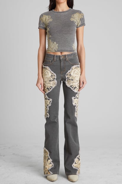 GUESS® Printed Denim Flared Jeans