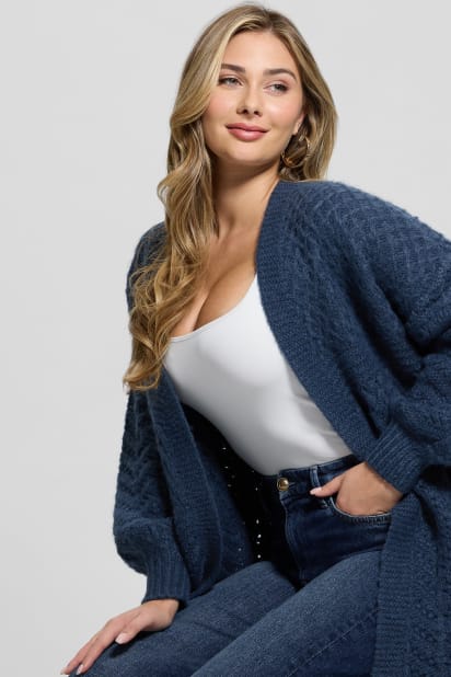 【ダークネイビー(G7V2)】GUESS カーディガン (M)LS Mesh Stitch Derek Cardigan 5G BULKY WOOL RIB STITCH V-NECK CARDIGAN(M Navy x Black): S'YTE