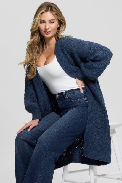 【インディゴブルー(MBL)】GUESS カーディガン (W)LADIES' Knit Cardigan GUESS® Eco Valeria Mixed Stitch Cardigan