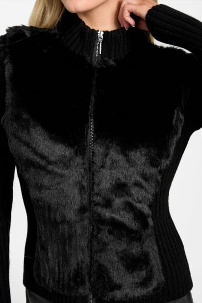 【新品・タグ付き】Felisi レディース モックネック モノグラム 黒 M GUESS® Eco Mila Faux-Fur Zipped Cardigan