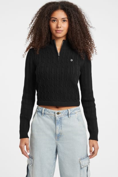 GUESS® Half-Zip Cable-Knit Crop Sweater