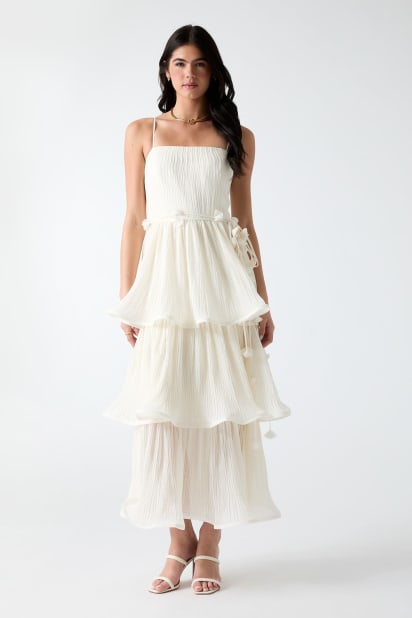 Guess Women's Alessia Square Neck Tiered Dress - DOVE White - Size 12