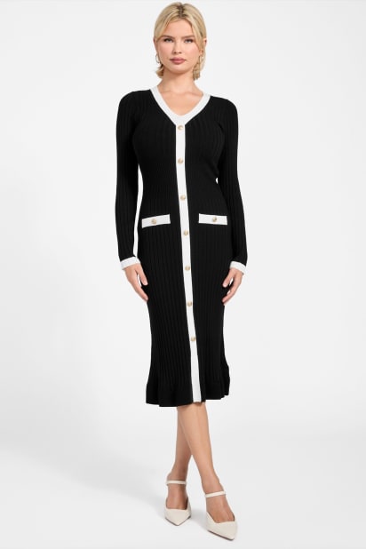 Guess Women's Long-Sleeve V-Neck Sweater Dress - Jet Black - Size S
