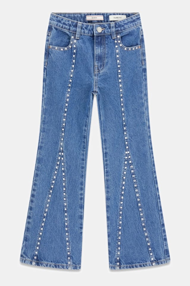 Flare-jeans com tachas na perna