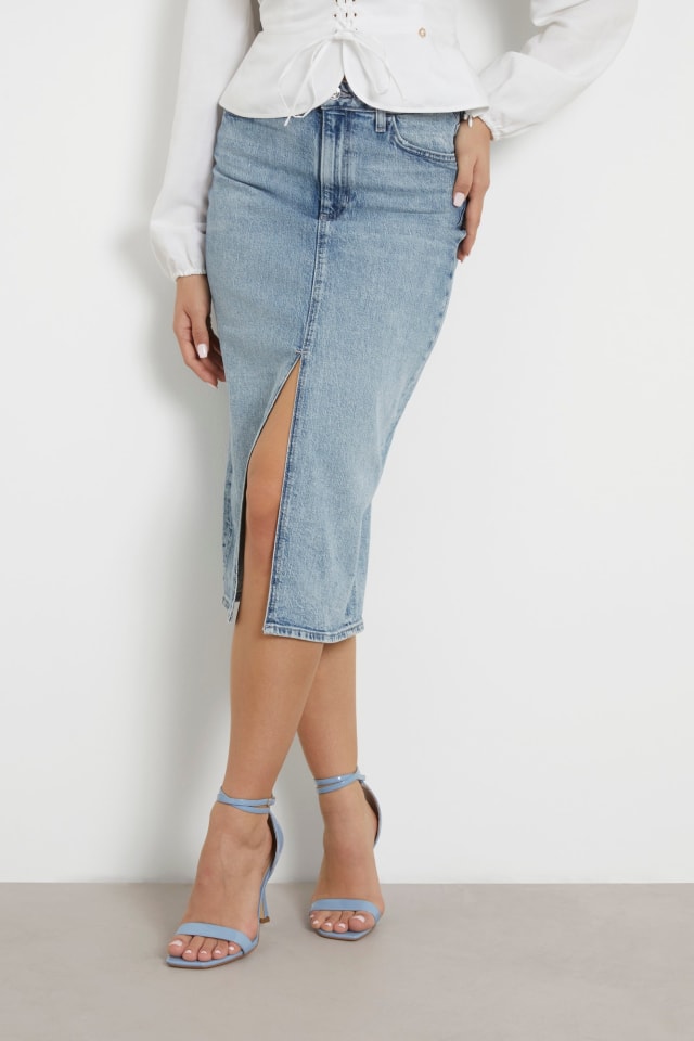 Front slit denim midi skirt