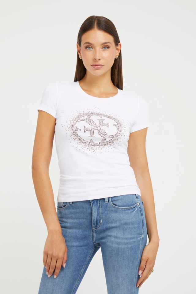 T-shirt el&aacute;stica logo com strass