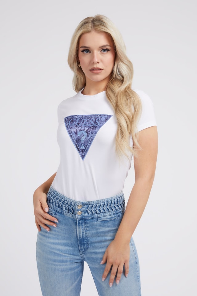 T-shirt logo triangolo con strass
