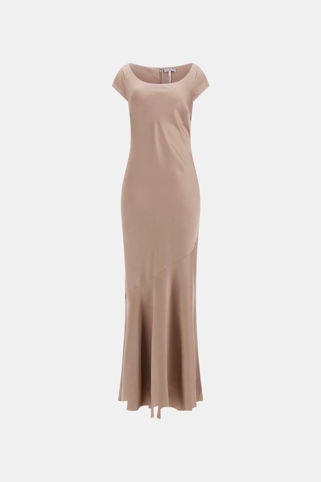 Vestido de cetim comprido cintado