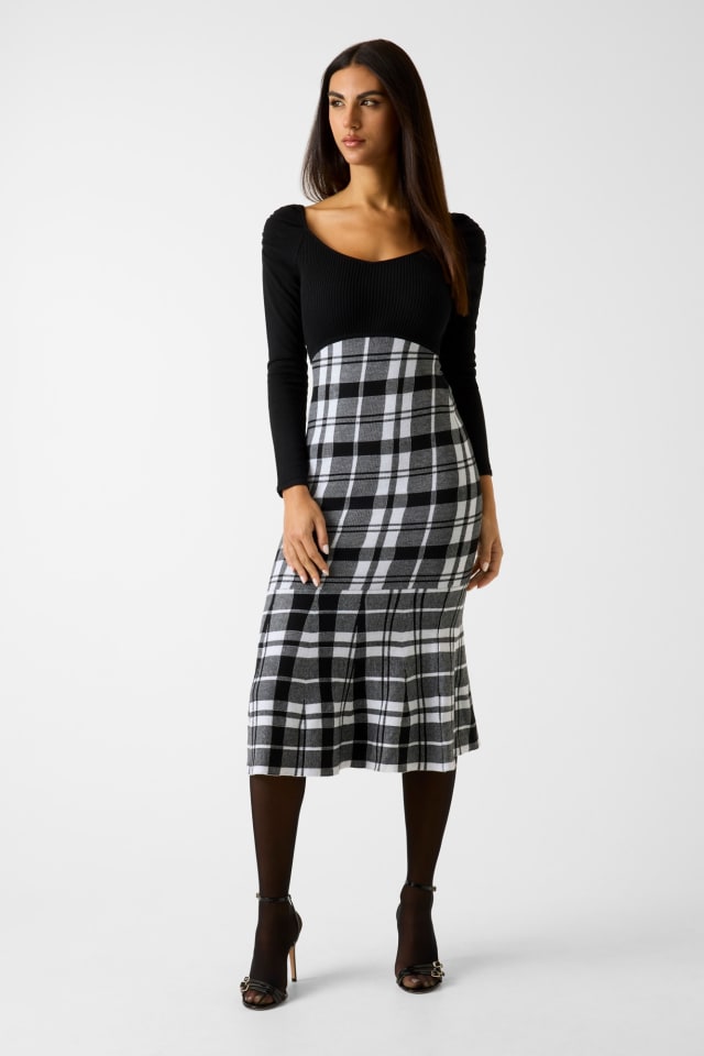 Vestido midi aos quadrados em mistura de lã