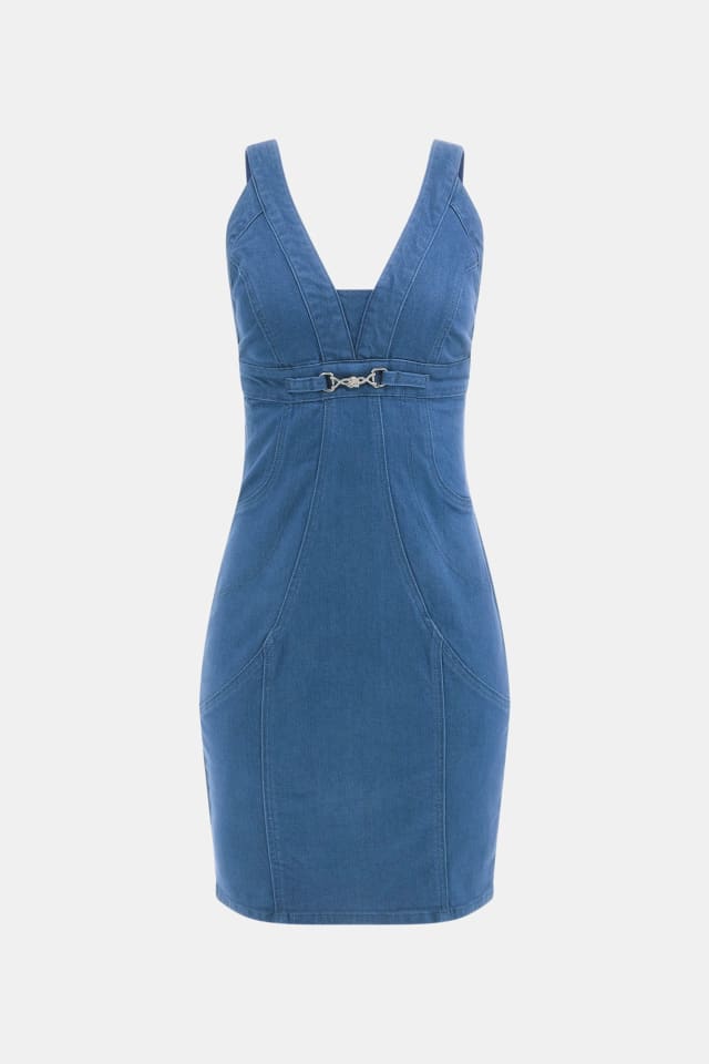 Vestido mini de ganga cintado em mistura de seda