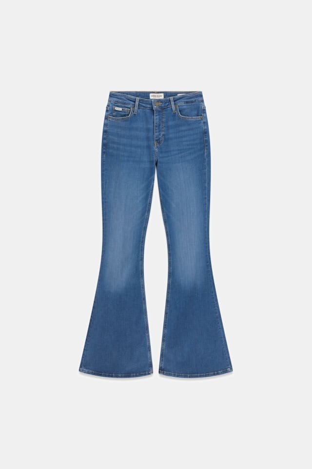 calças jeans flare de cintura alta
