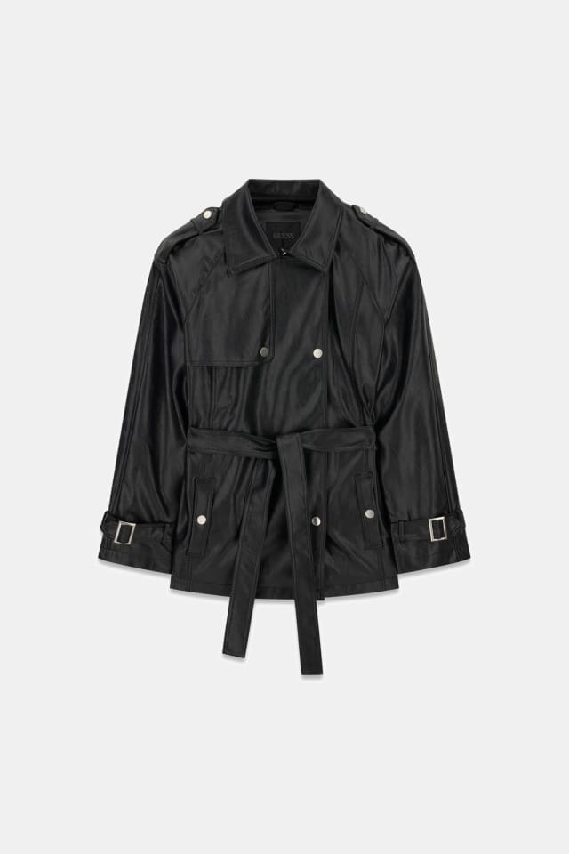 Trench coat curto de couro sintético