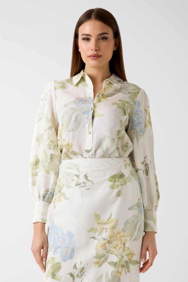 Camisa de mezcla de lino estampada