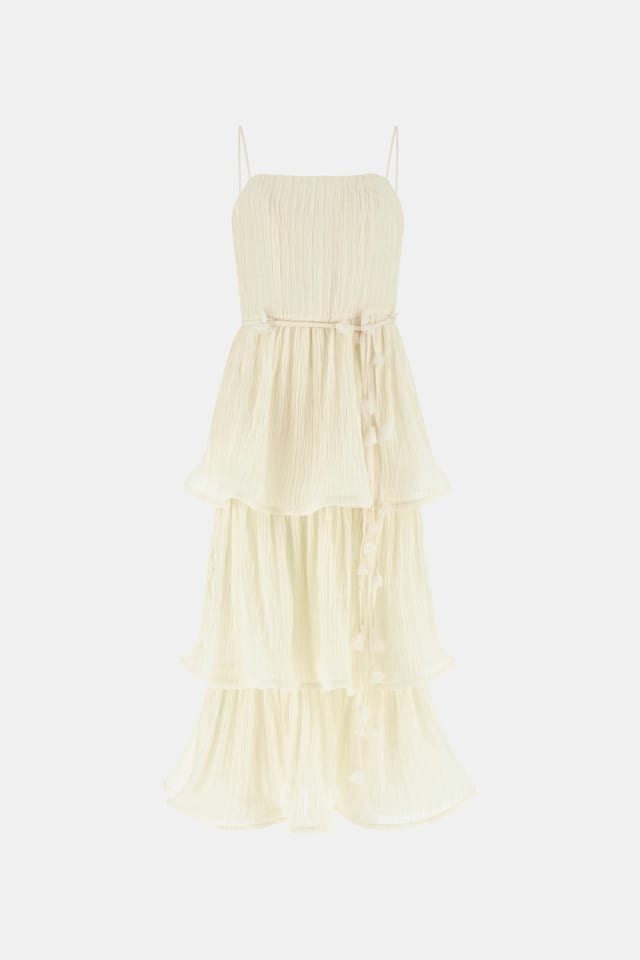 Vestido midi de gasa con volantes