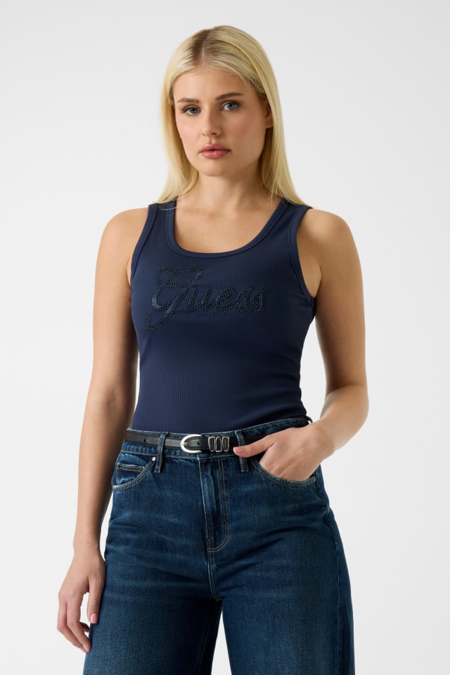 Top sin mangas con logo de lentejuelas