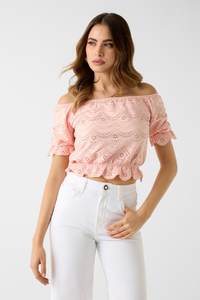 Off-shoulder eyelets top