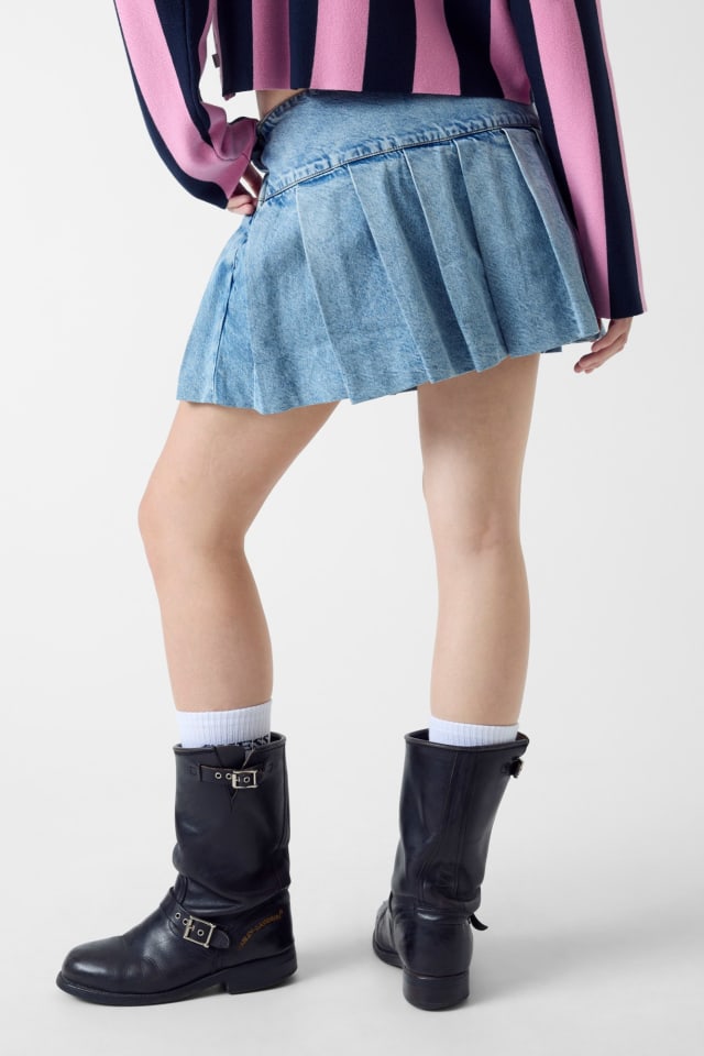 Pileli denim etek