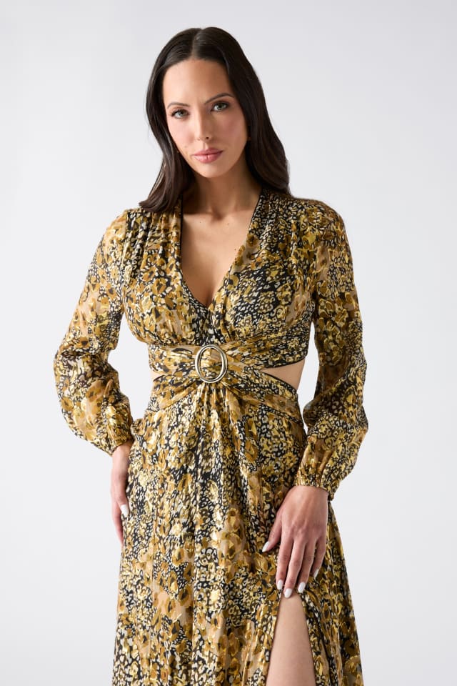 leopard print dress long sleeve Brown Leopard Print Puff Sleeve Ricrac Maxi Dress  Formal Affair Boutique