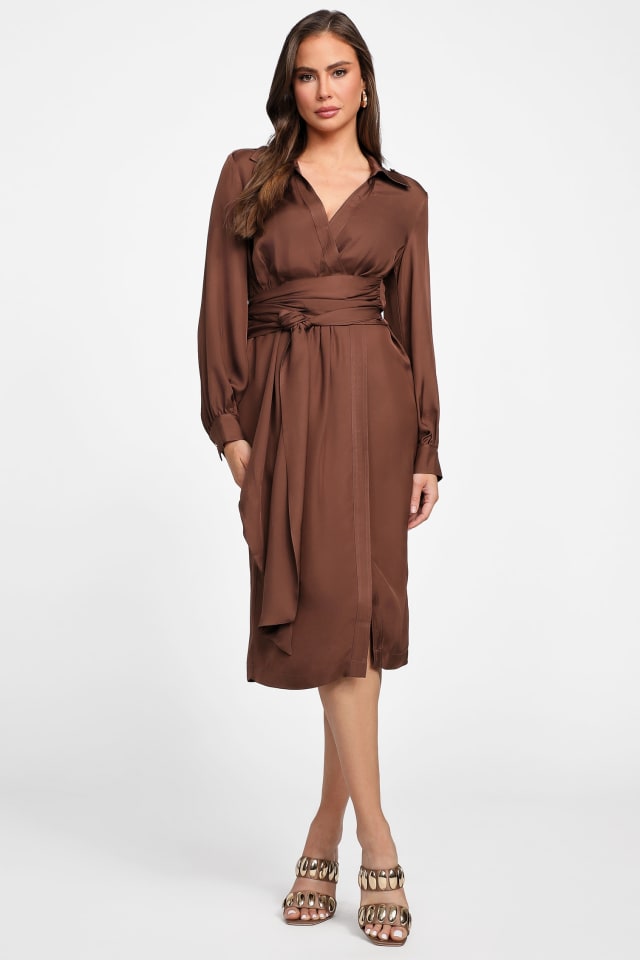 brown wrap dress Natural Linen Wrap Dress - Midi, Cocktail, Summer, Wedding guest - Almond Brown