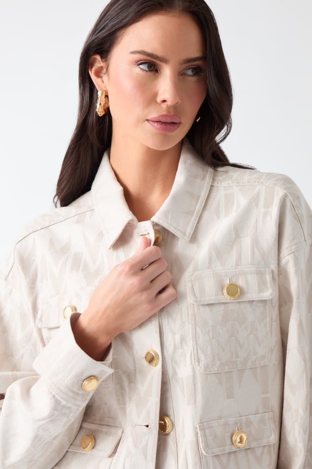 margaux 25SS 金ボタン 衿付ストレッチデニムジャケット 白 MARCIANO by GUESS® Sarah Monogram Denim Jacket