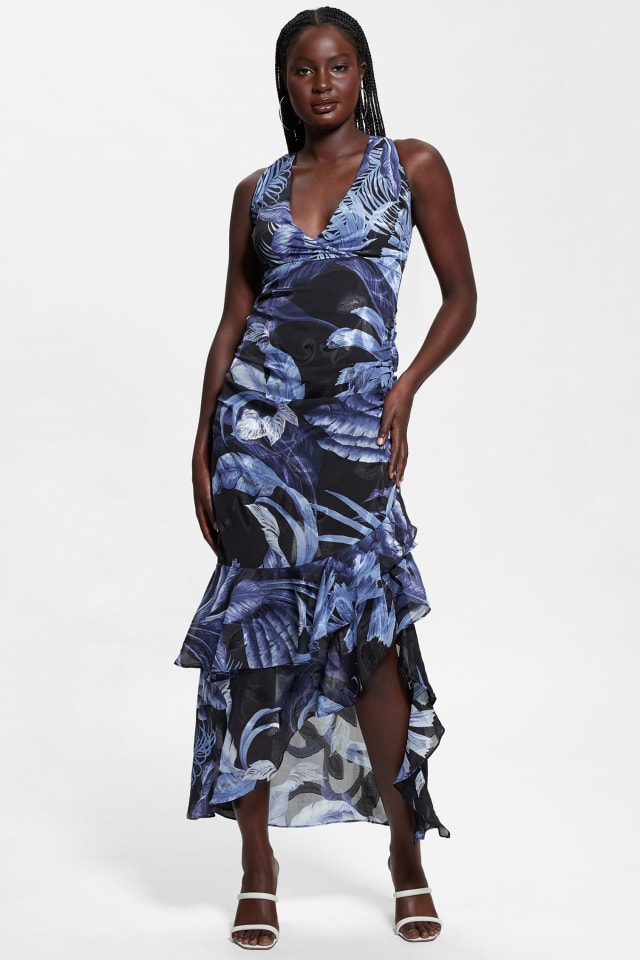 Guess Women's Ava Printed Mesh Ruffled Maxi Dress - Tropic Eclipse Print