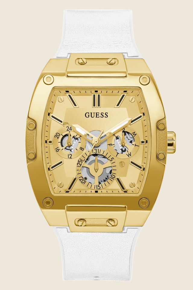 Gold-Tone and White Rectangular Multifunction Watch