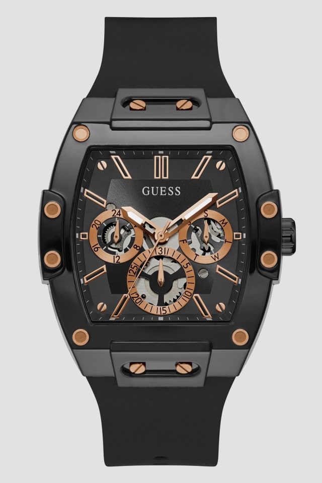 Montre multifonctions en silicone noir et rose dor&eacute;e