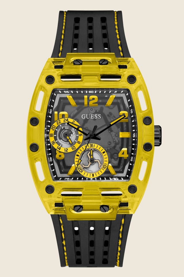 GUESS® Yellow Exposed Dial Multifunction Watch