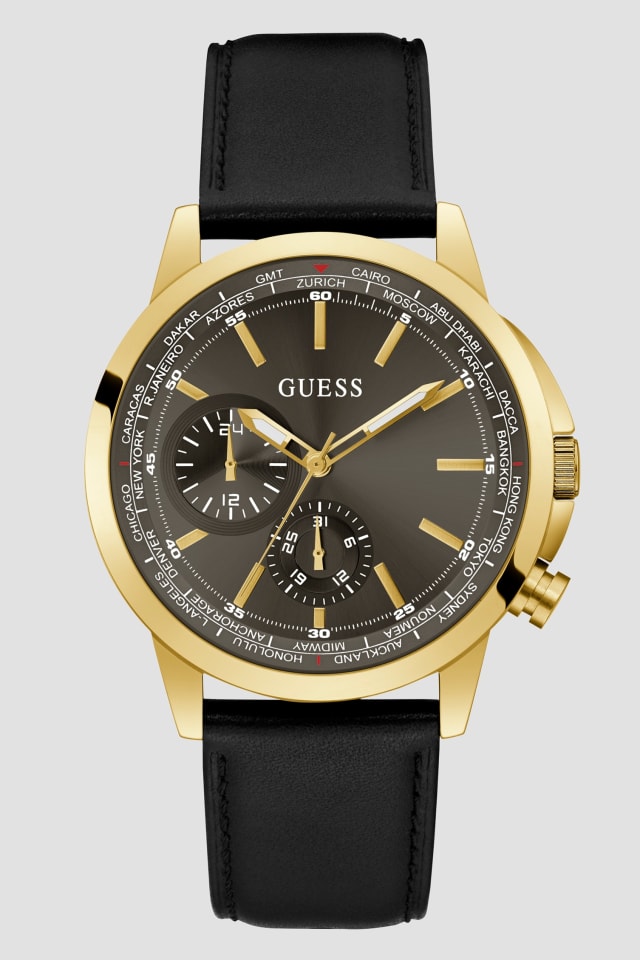 GUESS® Gold-Tone and Black Leather Multifunction Watch