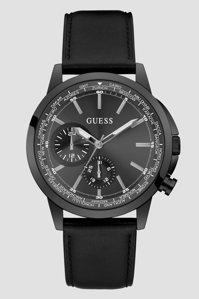 GUESS® Black Leather Multifunction Watch