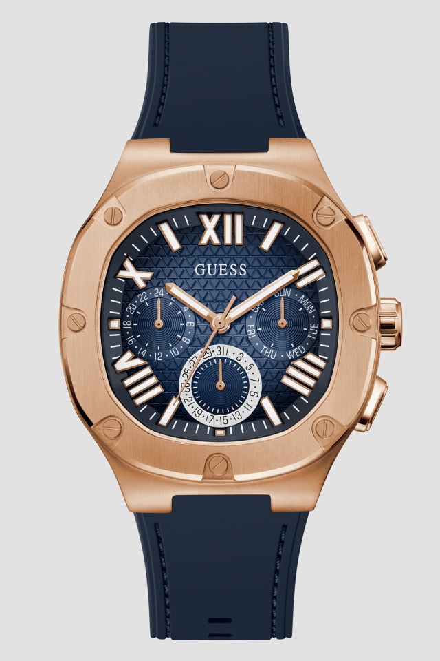 GUESS® Rose Gold-Tone and Navy Silicone Multifunction Watch