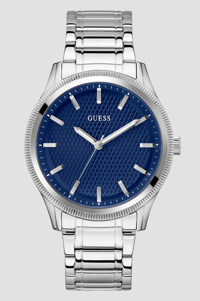 Silver-Tone and Blue Analog Watch