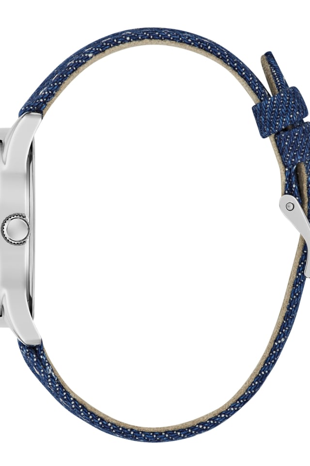 GUESS® Silver-Tone and Denim Quattro G Analog Watch Women