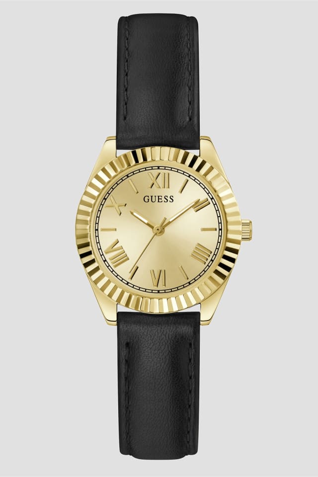 GUESS® Gold-Tone and Black Analog Leather Watch Women